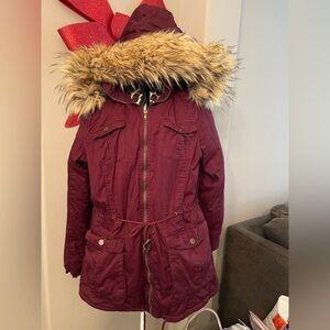Burgundy Women’s Parka with Faux Fur Trim, P2P 23, length 30, removable hat